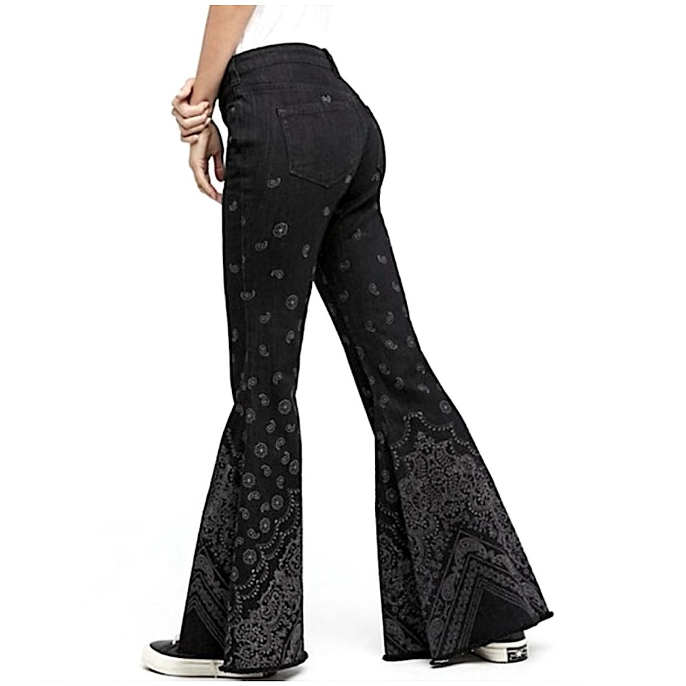 FREE PEOPLE Black Bandana Super Flare Jeans - Picture 3 of 14